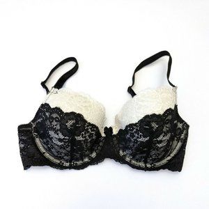 Victoria Secret Black & White Dream Angels Lined Demi Bra Lace Trim Size 34D